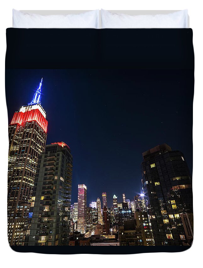 Empire Duvet Cover featuring the photograph The Empire State Building in Red White and Blue New York NY by Toby McGuire