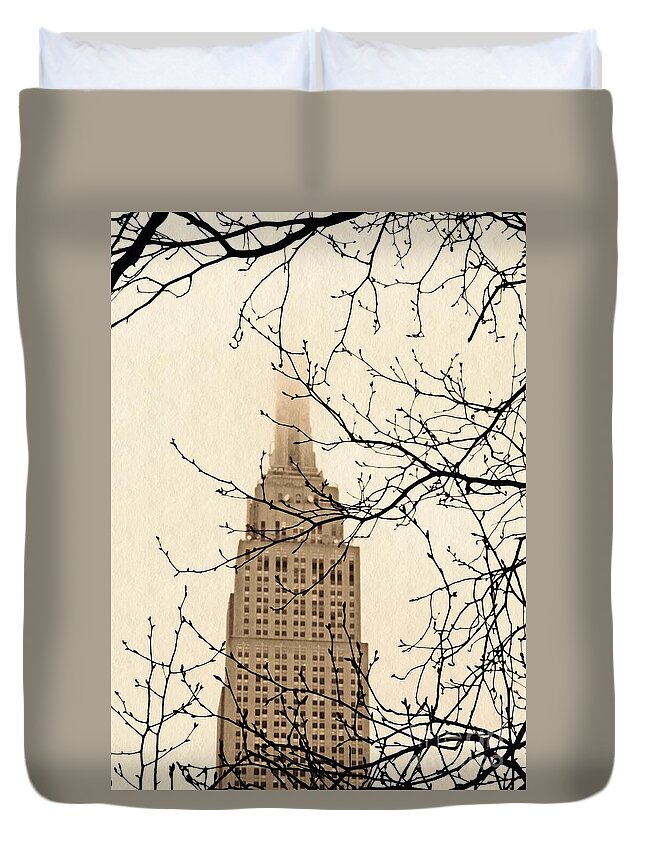Empire State Building Duvet Cover featuring the photograph The Empire State Building on a Foggy Afternoon by Sarah Loft