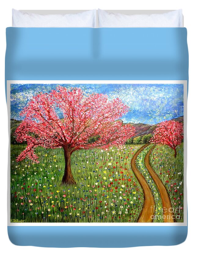 Colorful Field Or Meadow Of Flowers Bright Colors Blue Duvet Cover featuring the painting The Enchanted Fairy Garden Meadow by Kimberlee Baxter