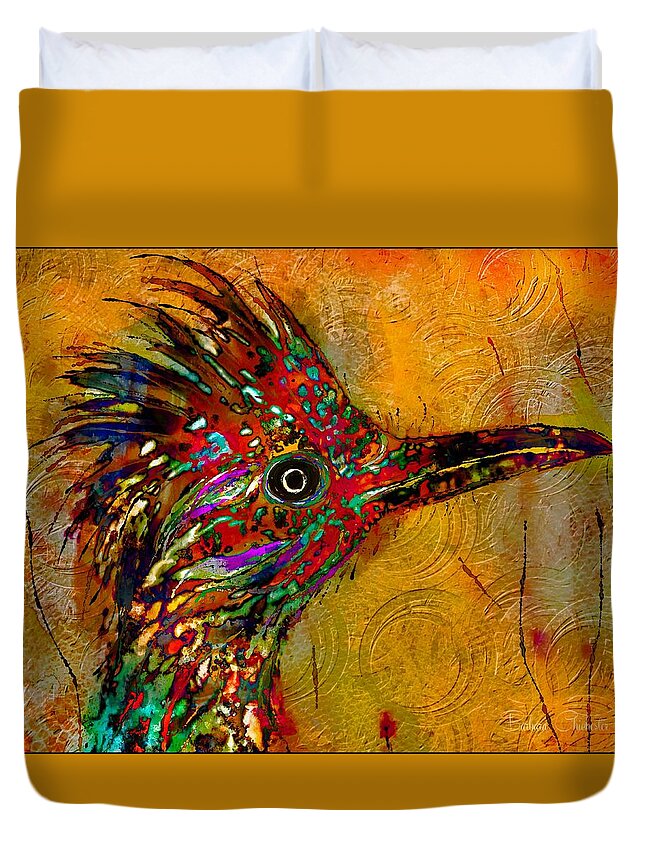 Roadrunner Duvet Cover featuring the mixed media The Enchanted Roadrunner by Barbara Chichester