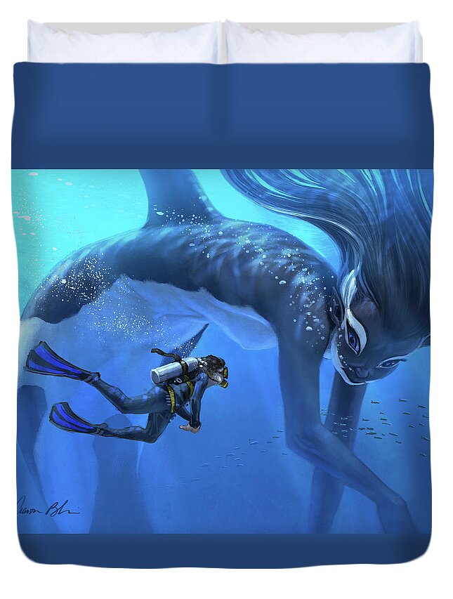 Mermaid Merwhale Fantasy Marine Duvet Cover featuring the digital art The Encounter by Aaron Blaise