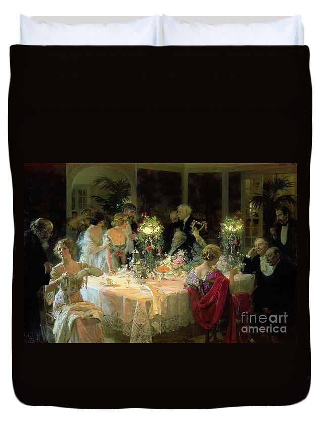 The Duvet Cover featuring the painting The End of Dinner by Jules Alexandre Grun