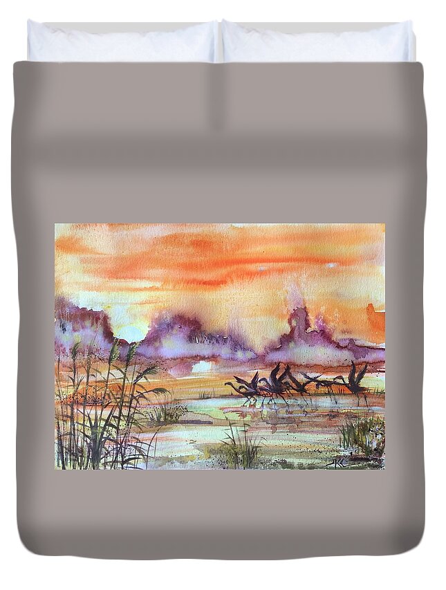 Flamingoes Duvet Cover featuring the painting The end of the day 2 by Katerina Kovatcheva