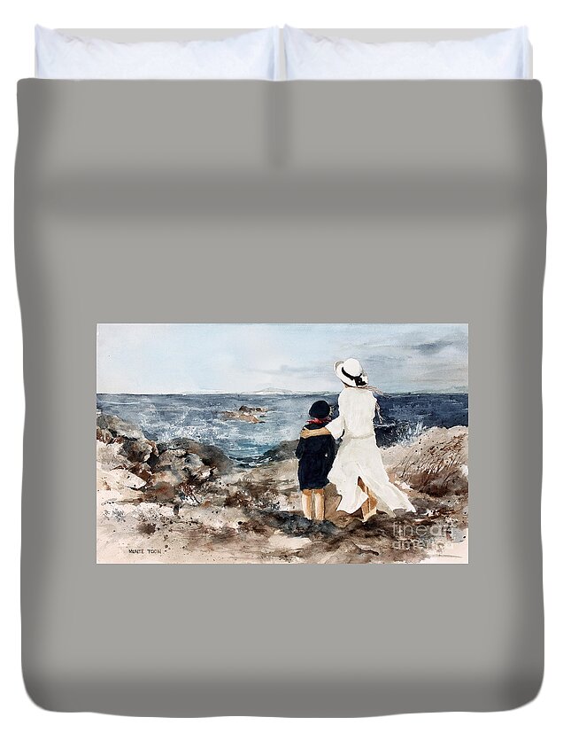 A Mother And Her Daughter Stand On The Shore Looking Out At The Ocean Duvet Cover featuring the painting The Enlightenment by Monte Toon