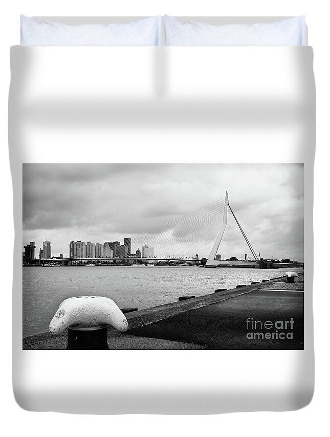 Rotterdam Duvet Cover featuring the photograph The Erasmus Bridge in Rotterdam BW by RicardMN Photography
