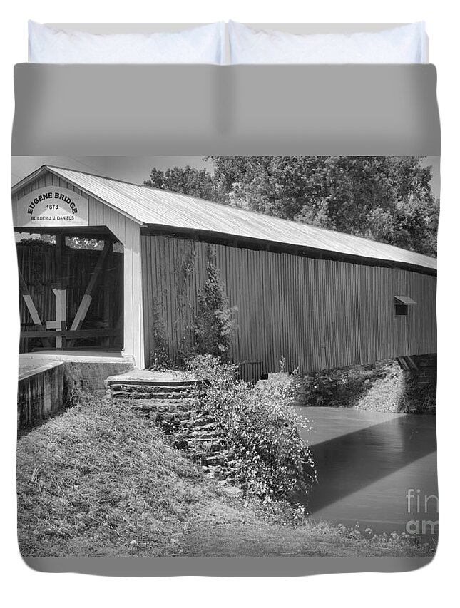 Eugene Covered Bridge Duvet Cover featuring the photograph The Eugene Covered Bridge Black And White by Adam Jewell