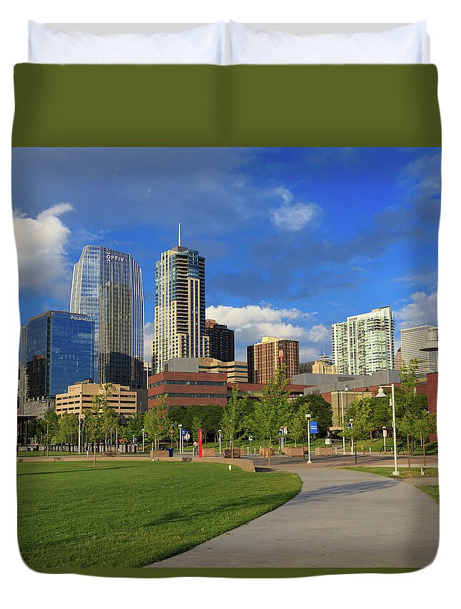 5280 Feet Above Sea Level Duvet Cover featuring the photograph The Ever Changing Denver Skyline by Bridget Calip