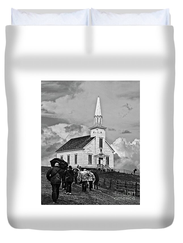 People Walking Uphill To Wren Style Church Duvet Cover featuring the photograph The Faithful by Tom Griffithe