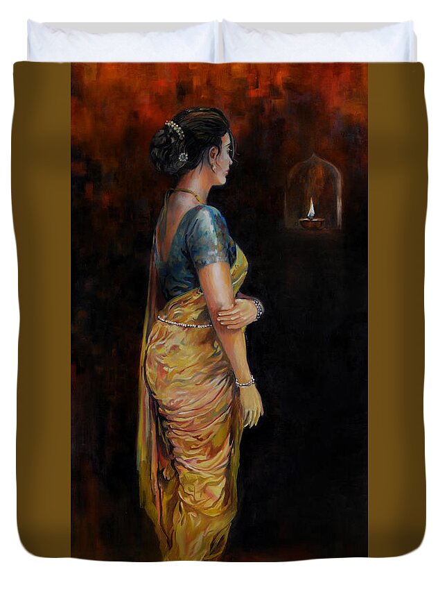 Woman In Sari Duvet Cover featuring the painting The first Diwali by Parag Pendharkar