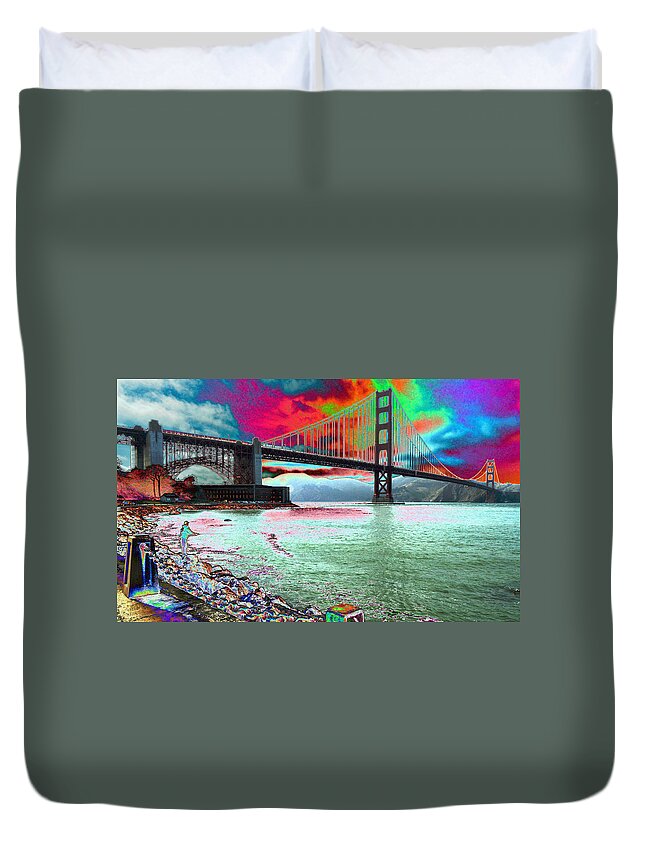 Digital_photography Golden_gate_bridge Digital_color San_francisco_california Bay_bridge Duvet Cover featuring the photograph The Fisher by Tom Kelly