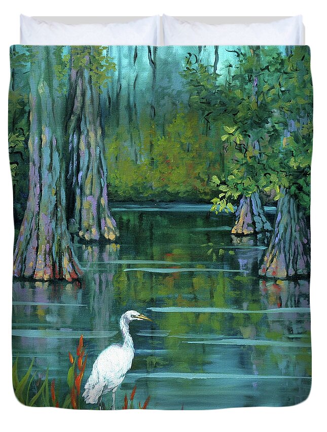 Louisiana Bayou Duvet Cover featuring the painting The Fisherman by Dianne Parks