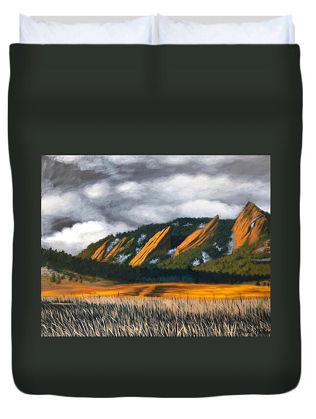 Colorado Duvet Cover featuring the painting The Flatirons by Dustin Miller