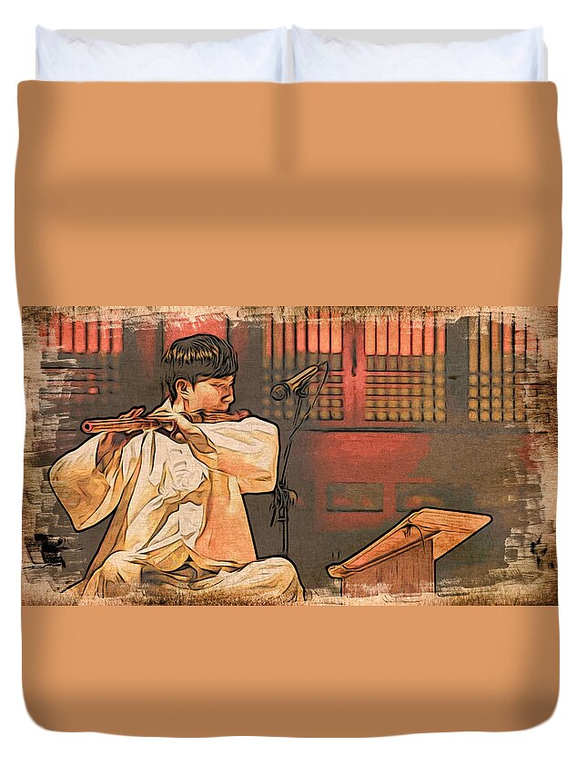 Asia Duvet Cover featuring the digital art The Flautist by Cameron Wood
