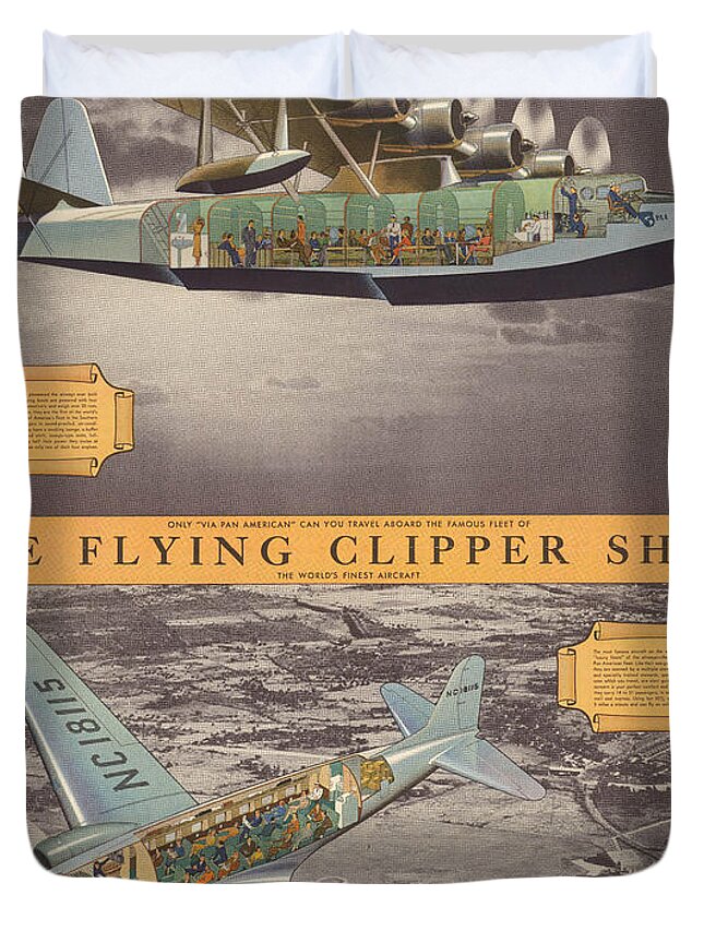 Pictorial Duvet Cover featuring the mixed media The Flying Clipper Ships - Pan American Airways - Vintage Travel Advertising Poster by Studio Grafiikka