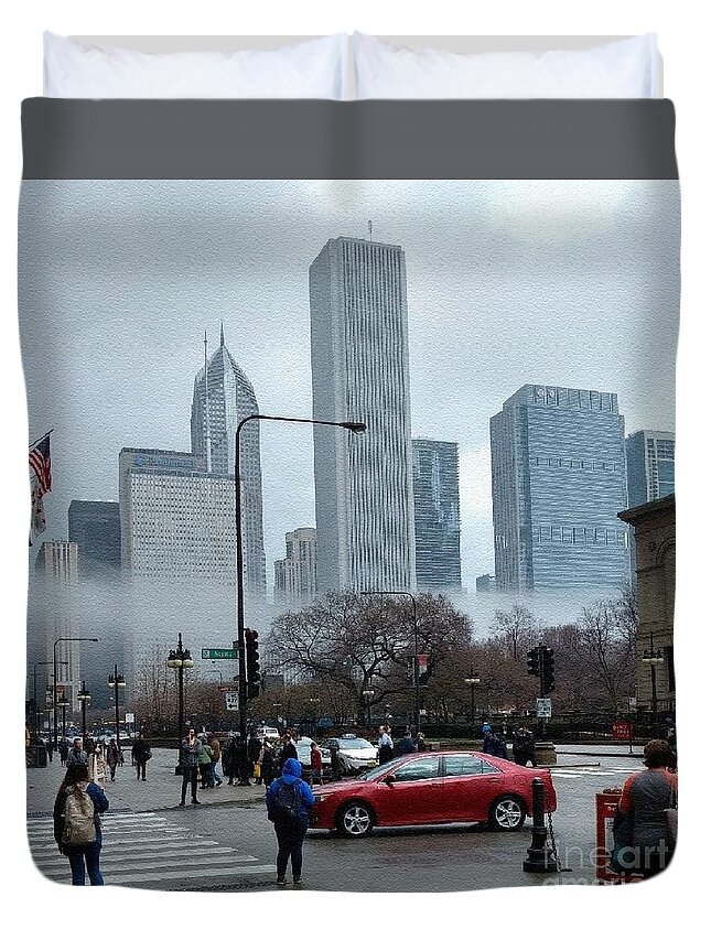 Cityscape Duvet Cover featuring the photograph The Fog Lifts on Michigan Avenue by Kathie Chicoine