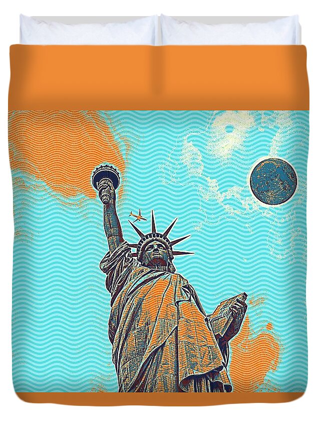 Statue Duvet Cover featuring the painting The Fool Blood Moon and The Lady Liberty 5 by Celestial Images