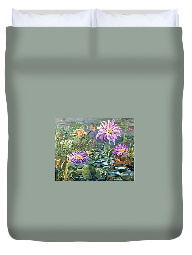 Frogs Duvet Cover featuring the painting The Frog Pond by Jane Ricker