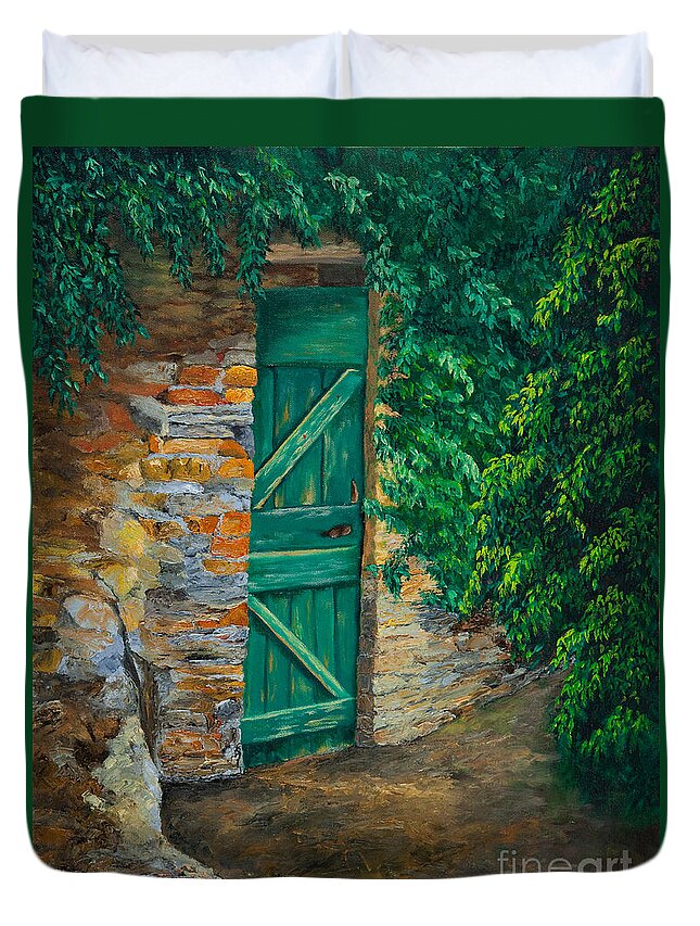 Cinque Terre Italy Art Duvet Cover featuring the painting The Garden Gate In Cinque Terre by Charlotte Blanchard