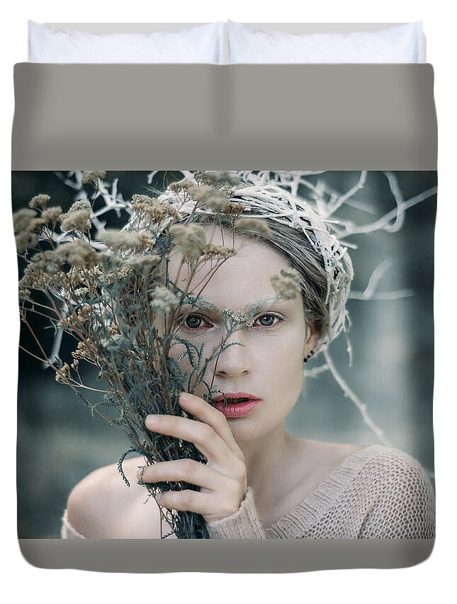 Woman Duvet Cover featuring the photograph The Glance. Prickle Tenderness by Inna Mosina