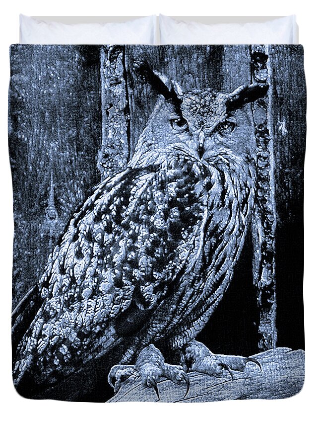 Mona Stut Duvet Cover featuring the mixed media Majestic Great Horned Owl Bubo Bubo BW by Mona Stut
