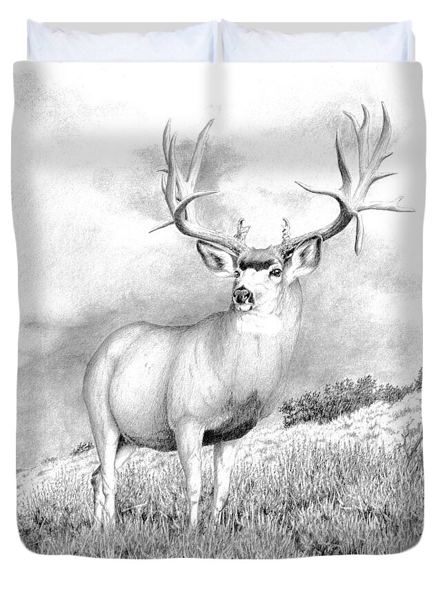 Mule Deer Buck Duvet Cover featuring the drawing The Greenwood Buck by Darcy Tate