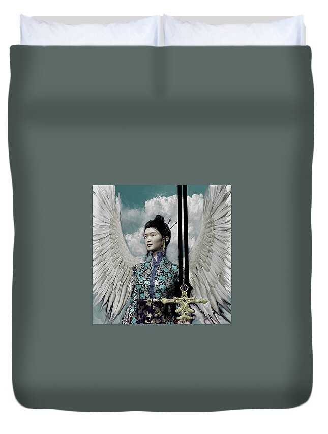 Asian Angel Duvet Cover featuring the painting The Guardian 2 by Suzanne Silvir