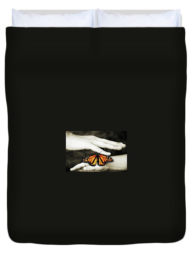 Monarch Butterfly Duvet Cover featuring the photograph The Hands And The Butterfly by Andee Design