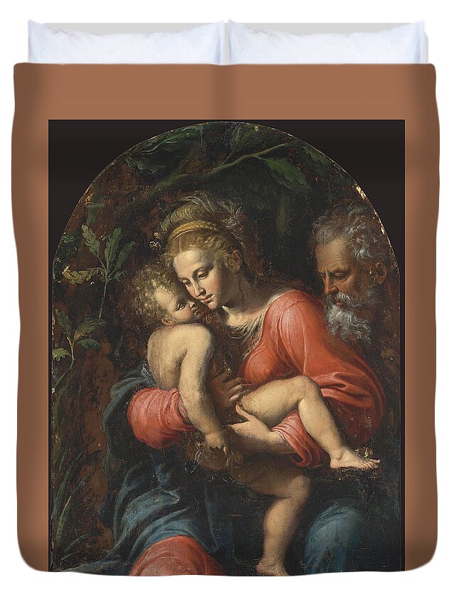 Girolamo Da Carpi Duvet Cover featuring the painting The Holy Family by Girolamo da Carpi