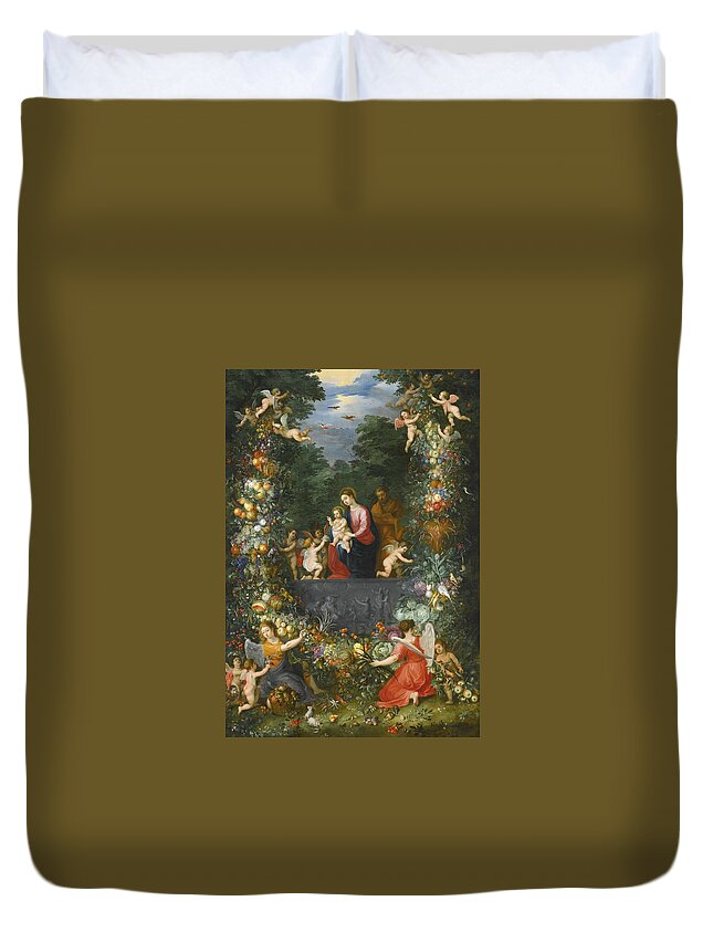 Jan Brueghel The Younger Duvet Cover featuring the painting The Holy Family Within a Garland of Fruit, Flowers and Vegetables Held by Angels by Hendrick van Balen