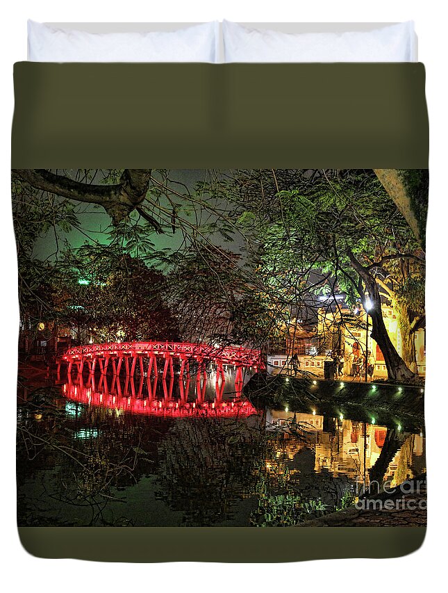 Asia Duvet Cover featuring the photograph The Huc Bridge Night Hanoi by Chuck Kuhn