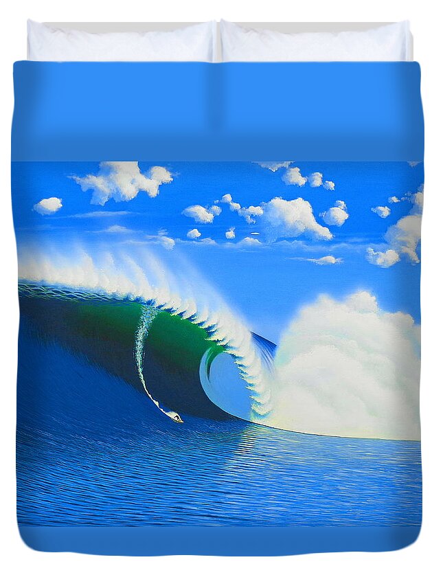 Surfing Duvet Cover featuring the painting Cortes 100-Foot Barrel by John Kaelin