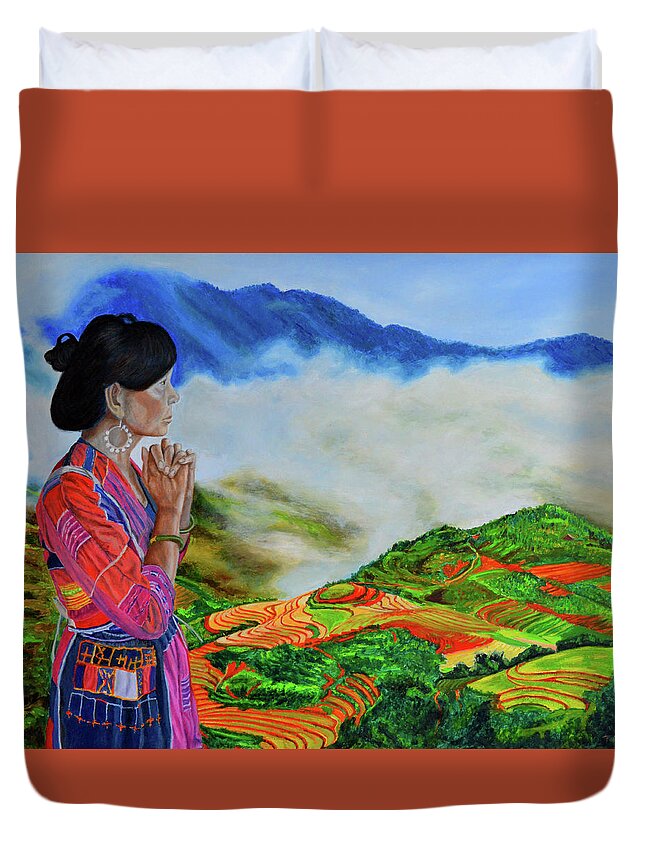 Rice Terraces Duvet Cover featuring the painting The Icon by Thu Nguyen