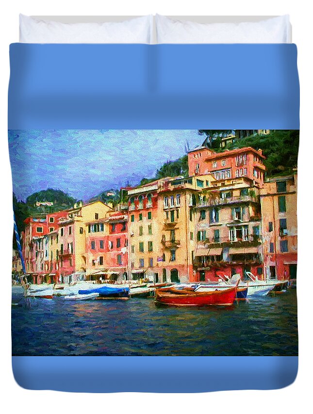 Painting Duvet Cover featuring the painting The Italian Fishing Village of Portofino by Mitchell R Grosky