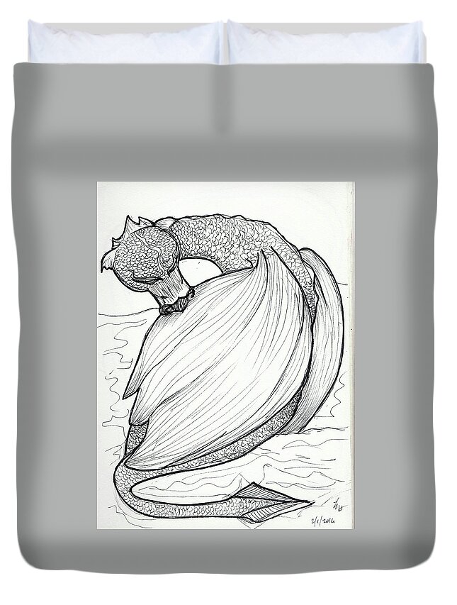 Dragon Duvet Cover featuring the drawing The Itch by Loretta Nash