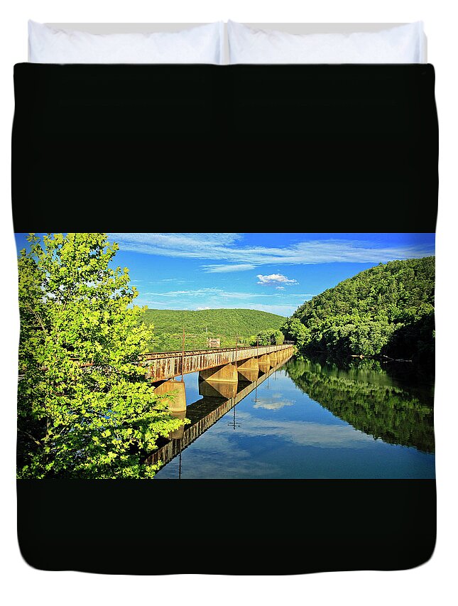 Train Tracks Duvet Cover featuring the photograph The James River Trestle Bridge, Va by The James Roney Collection