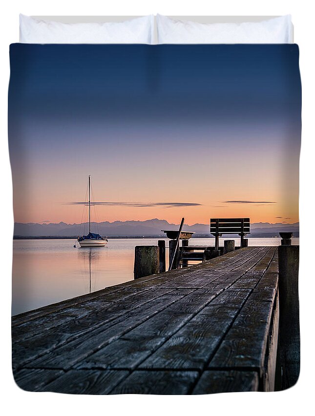 Ammersee Duvet Cover featuring the photograph The jetty to sunset by Hannes Cmarits