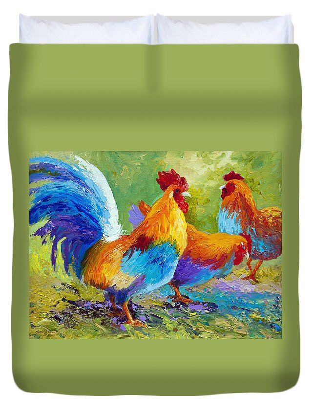 Rooster Duvet Cover featuring the painting The Keeper by Marion Rose