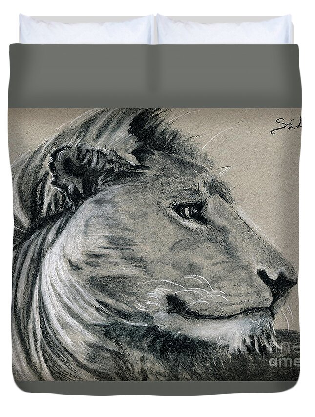 Lion Duvet Cover featuring the drawing The King by Lidija Ivanek - SiLa