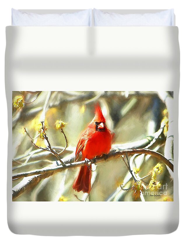 Northern Cardinal Duvet Cover featuring the digital art The King On His Throne by Tina LeCour