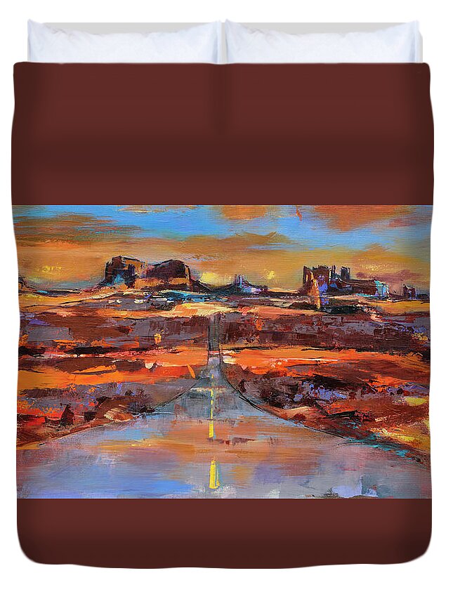 Monument Valley Duvet Cover featuring the painting The Land of Rock Towers by Elise Palmigiani
