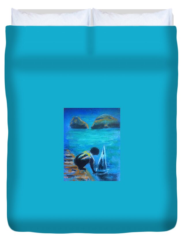 Kid Duvet Cover featuring the painting The Launch Sjosattningen by Enrico Garff