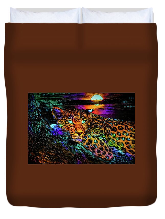 The Leopard On The Tree Duvet Cover featuring the mixed media A Leopard on the tree by Lilia D