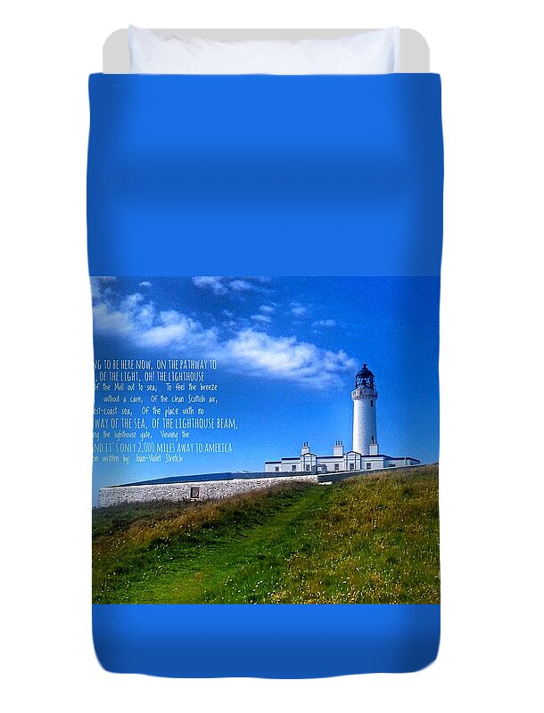 Lighthouse Duvet Cover featuring the photograph The Lighthouse on The Mull with Poem by Joan-Violet Stretch