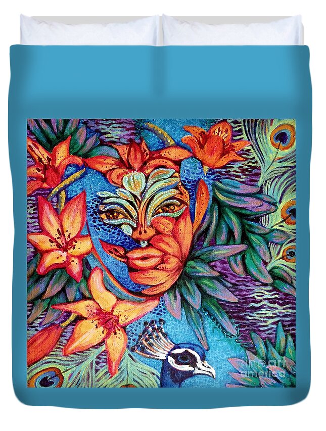 Lilies Duvet Cover featuring the painting The Lily and the Peacock by Linda Markwardt