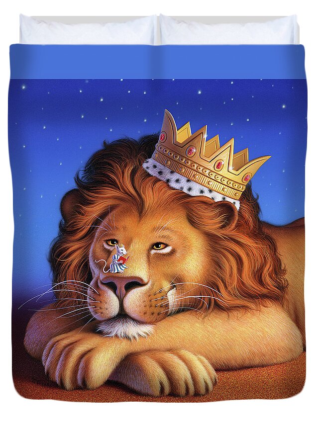 Lion Duvet Cover featuring the painting The Lion King by Jerry LoFaro
