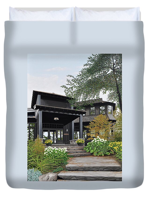 Muskoka Duvet Cover featuring the painting The Lodge at Fawn Island by Kenneth M Kirsch