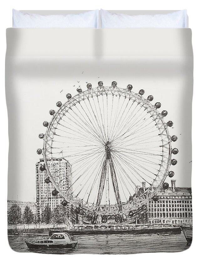 London Duvet Cover featuring the drawing The London Eye by Vincent Alexander Booth
