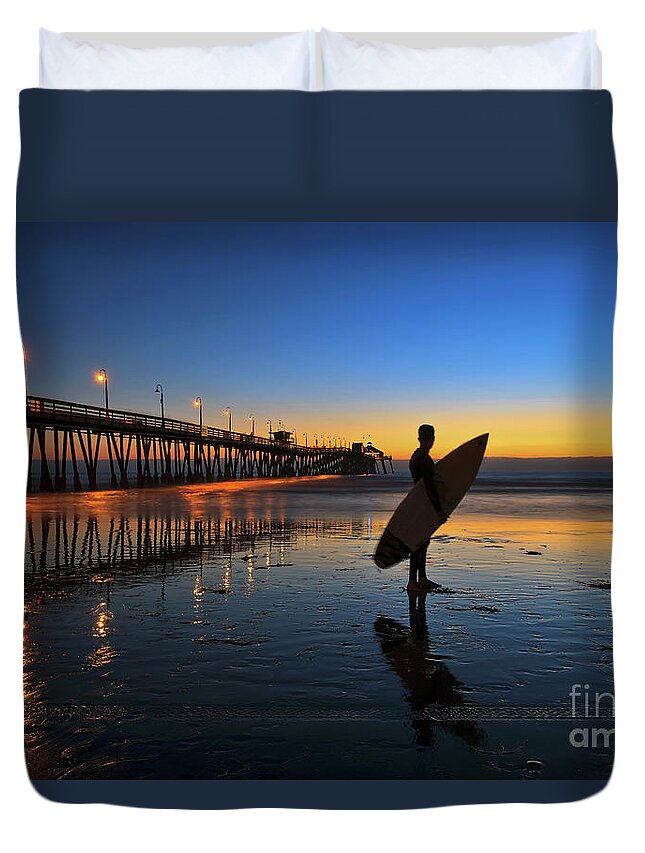 Imperial Beach Duvet Cover featuring the photograph The lone surfer at the Imperial Beach Pier by Sam Antonio