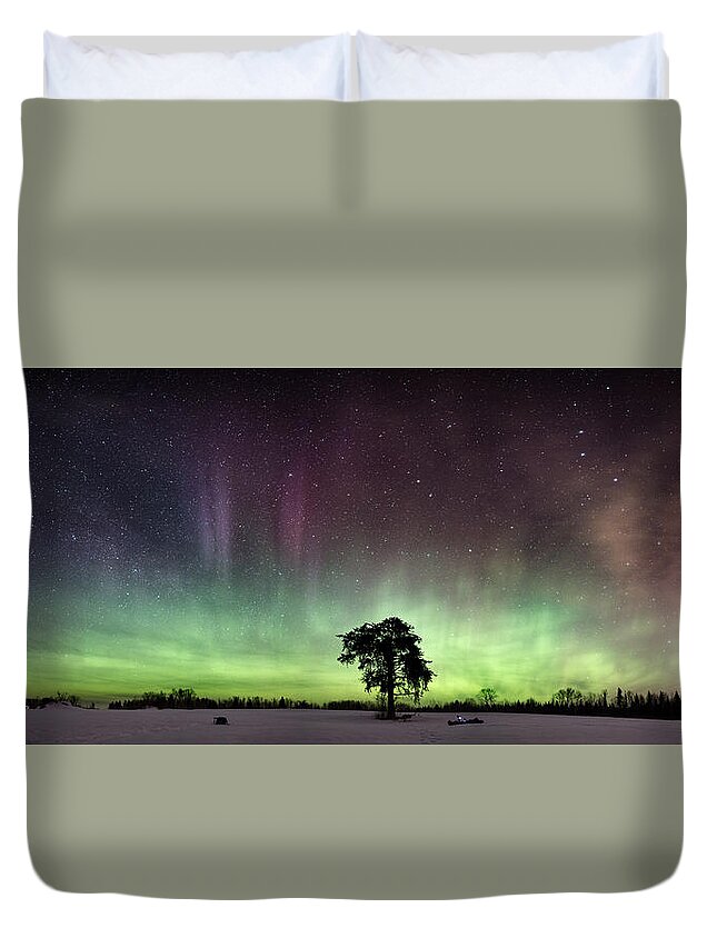 Abstract Duvet Cover featuring the photograph The Lone Tree early March Aurora panorama by Jakub Sisak