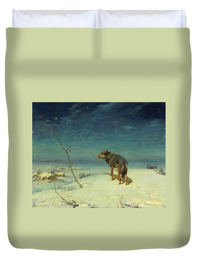 Alfred Wierusz-kowalski Duvet Cover featuring the painting The lone Wolf by Alfred Wierusz-Kowalski